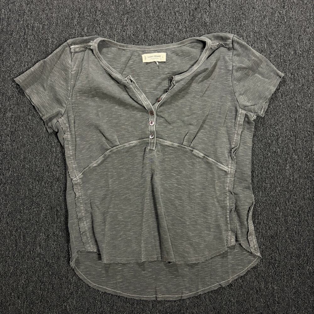 Vintage Y2k Lucky Brand Grey Babydoll Short Sleeve Button up Shirt Women's Large